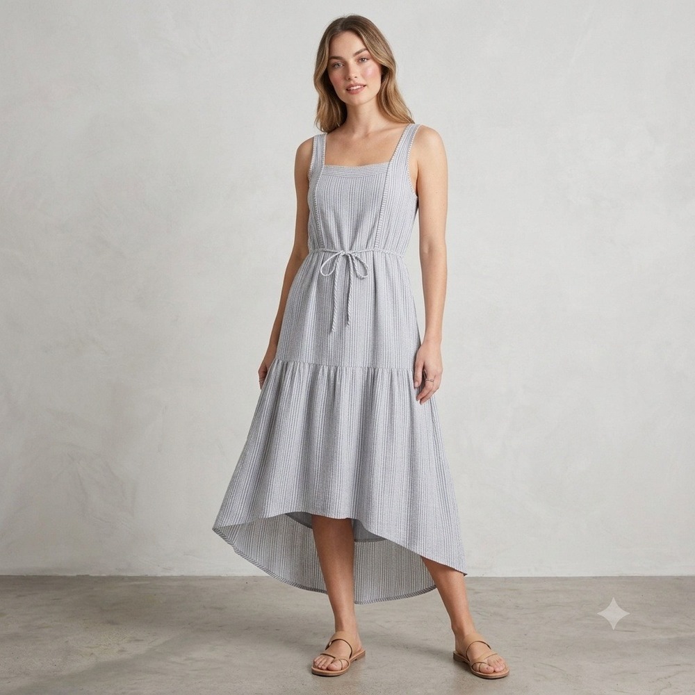 Caution to the Wind Midi Dress S Textured Blue Stripe Tiered Boho Coastal Beachy